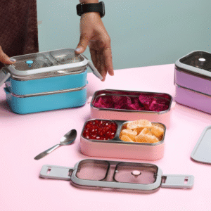 3 Compartment Steel With Lock Lunch Box